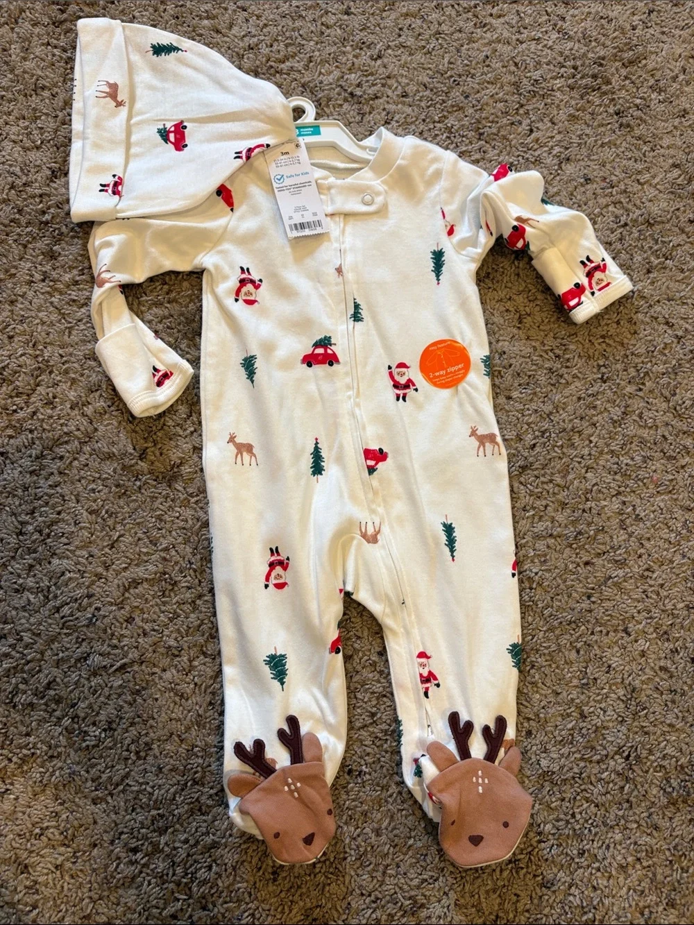 Carter's Cream Holiday Reindeer & Santa Footed One-Piece